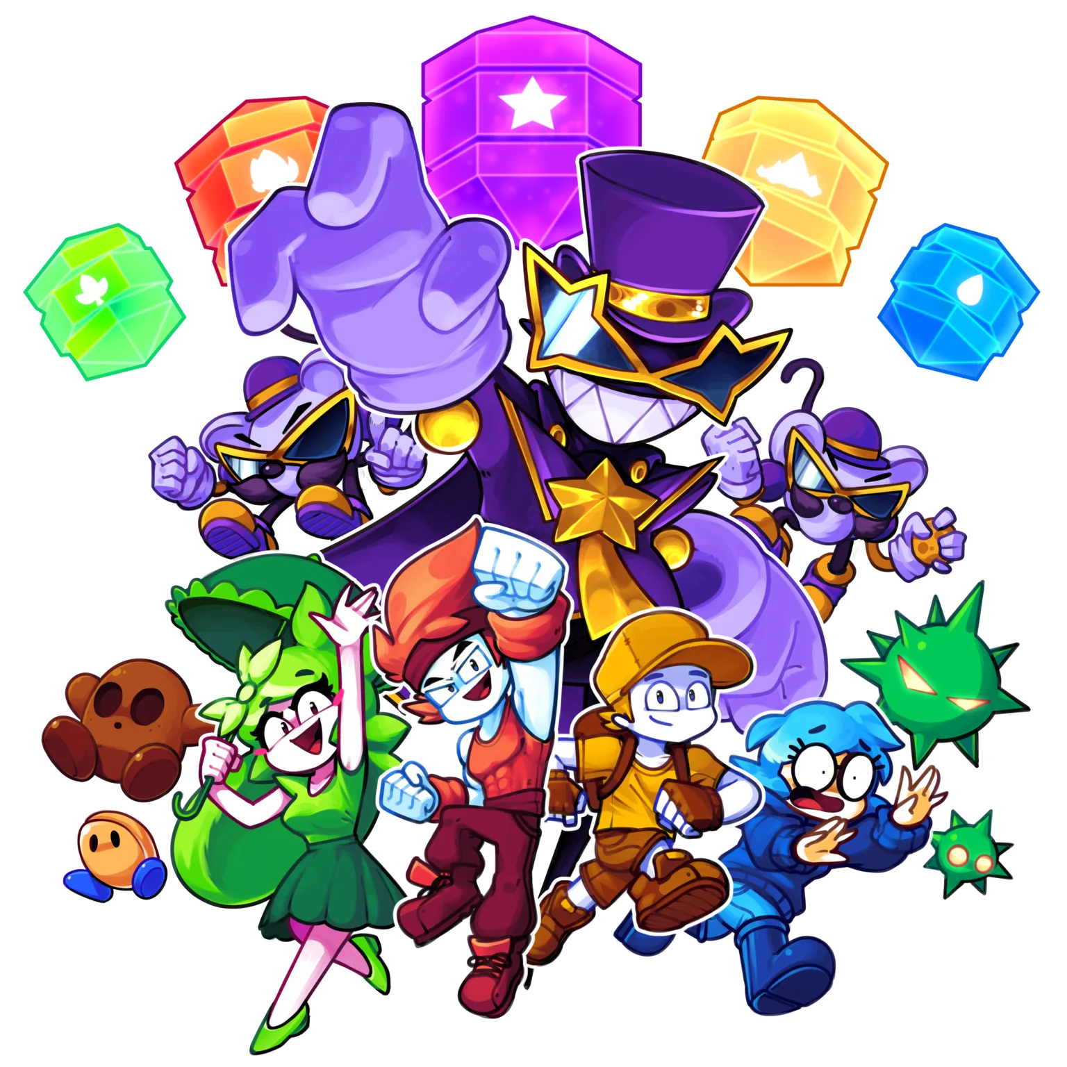 The four playable Vibrant Venture heroes, with Violastro and his minions looming behind them and the Power Crystals floating above